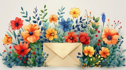 Minimalist Flat Wildflowers in Envelope Valentine's Day Illustration Generative AI
