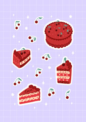 Sticker set with red cakes and cherries. Vector flat illustration of berries and slices of cakes