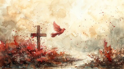 Immerse yourself in the beauty of religious symbolism with a captivating watercolor painting illustration envisioned for a greeting card concept background. Envision a timeless Christian cross 
