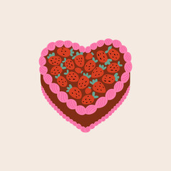 Heart shaped chocolate cake with strawberries. Vector flat illustration