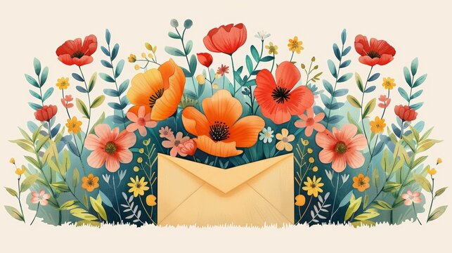 Minimalist Wildflower Rose Envelope Valentine's Day Illustration Generative AI