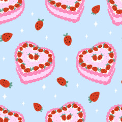 Seamless pattern with pink heart shaped cakes with strawberries. Vector flat background