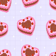 Seamless pattern with heart shaped chocolate cakes with strawberries. Vector flat background
