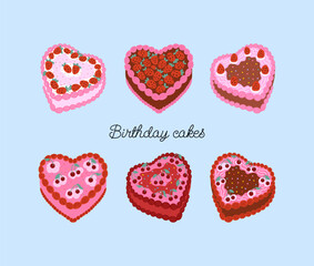 Set of heart shaped cakes with strawberries and cherries. Vector flat illustration of holiday birthday cakes