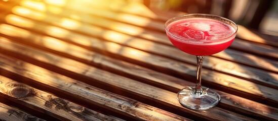 Pink cocktail displayed on a wooden slatted table, with room for additional text. - obrazy, fototapety, plakaty