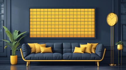   A living room featuring a blue couch, yellow pillows, a clock, and a plant against a blue wall