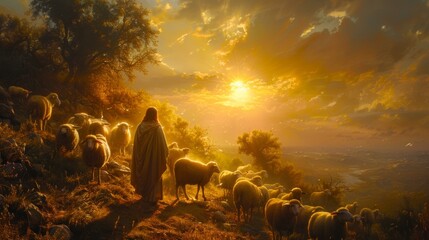 Envision a scene of profound peace and spiritual solace as Jesus, the Shepherd of souls, gathers his flock of sheep beneath the radiant glow of a setting sun. With tender compassion