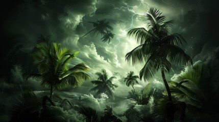 Weather forecast - heavy rain storm wind in the tropical forest, disasters due to climate warming
