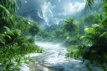 The intersection of a blizzard and a tropical rainforest, depicting the collision of freezing snow and lush vegetation. Concept of contrasting climate zones. Generative Ai.