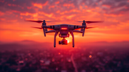 Fototapeta na wymiar Drone Flying in Sky, Drone on sky with sunset time 