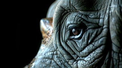   A tight shot of an elephant's face with its trunk curled to the side