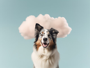 A dog with a black and white coat is staring at the camera. The sky behind the dog is cloudy, giving the image a moody and somewhat somber feel