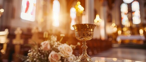 Holy Communion in a gold goblet on the church altar