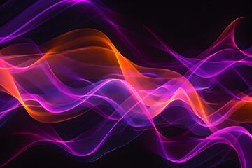Dynamic neon waves with orange and violet light patterns. Captivating design on black background.
