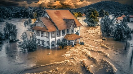 severe tropical storm with heavy rainfall caused a major flooding, and the floodwaters inundated houses. The inclement weather resulted in the flooding. digital ai art
