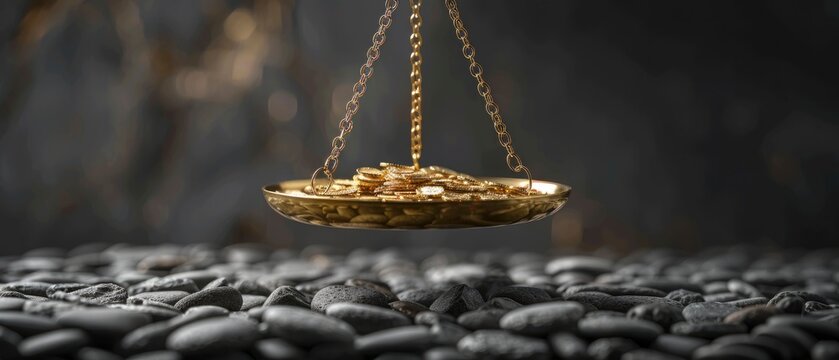 many golden coin on road infront of a golden balance scale and many people behind it blurred background
