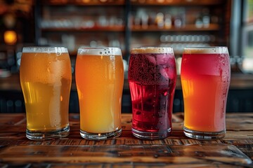 Colorful craft beer glasses on wood in a pub