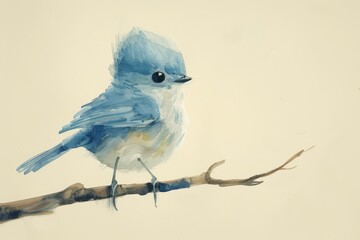 Joyful Bluebird on a Branch: A Minimalist Watercolor Children's Illustration Generative AI - obrazy, fototapety, plakaty