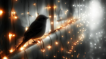 Obraz premium A black bird perched on a branch with lights behind and above its head