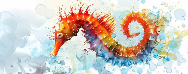 a sea horse against colourful abstract water colour painting background - obrazy, fototapety, plakaty