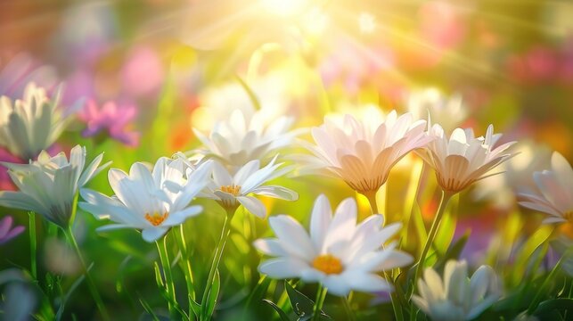 White flowers are blooming yellow or orange flower petals can be seen in the middle full of green nature around open sky shining sun around. Copy space image