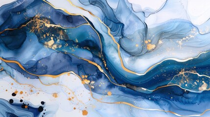 Marble pattern in soft line watercolour, alcohol ink painting with shiny gold, navy  colours