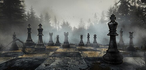 Chess pieces on a destroyed chessboard, balck and white demolish building background - obrazy, fototapety, plakaty