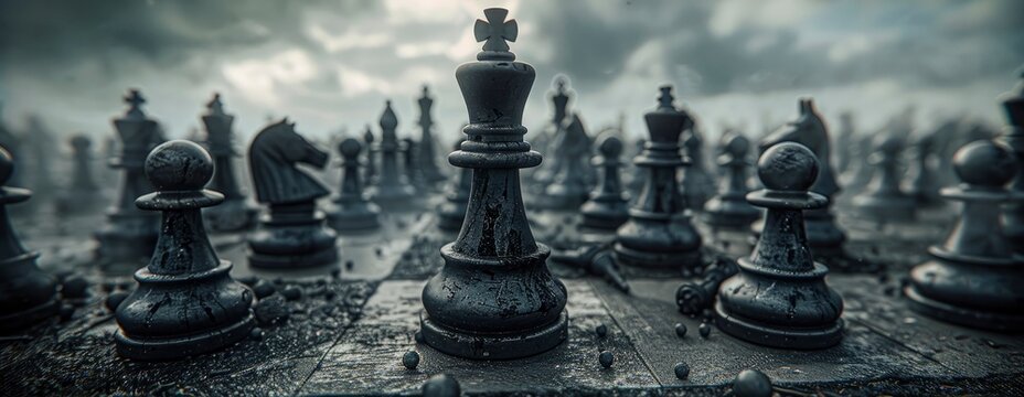 Chess pieces on a destroyed chessboard, balck and white demolish building background