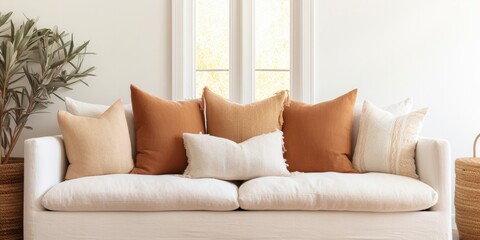 elegant sofa with white and terra cotta pillows infront of a glass window