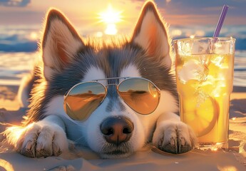 A dog wearing sunglasses and holding an ice drink with a straw is lying on the beach, enjoying the sunset while drinking fruit juice. The sun shines brightly