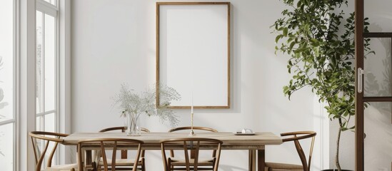 Blank picture frame hung on a white wall in a charming dining room with Danish design aesthetics.