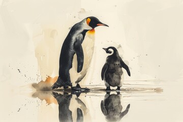 Minimalist Watercolor Illustration of Loving Penguin Family Generative AI