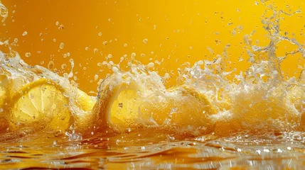 Deurstickers   A yellow background features a cluster of lemons, surrounded by water in mid-splash A solitary water droplet crowns the uppermost lemon © Anna