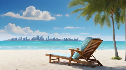 A photorealistic depiction of a tranquil beach scene at South Beach Miami, Florida, featuring a vacant chair positioned against the backdrop of a clear blue sky. The scene captures the serene ambiance - obrazy, fototapety, plakaty