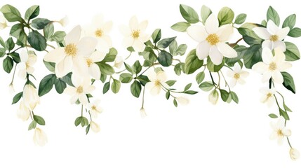 Dark green leaves and thick tiny white flowers hanging from above are shown in this white water colour clipart set on a white backdrop.