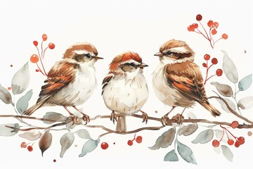 Minimalist Watercolor Chirping Baby Sparrows Illustration Generative AI