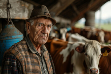 Elderly male owner with milk can standing in stall on background with herd of cows on livestock farm