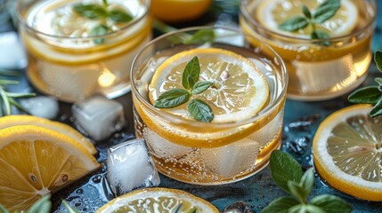   A close-up of a glass filled with water, topped with slices of lemon and mint leaves on a table Other lemons and mint sprigs surround the scene
