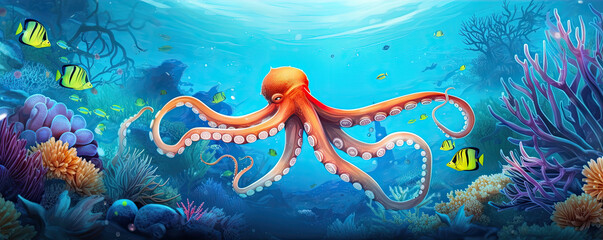 Fototapeta na wymiar Colorful underwater scene featuring an octopus