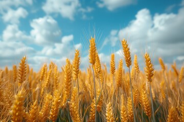 Naklejka premium Golden wheat field under blue sky with clouds