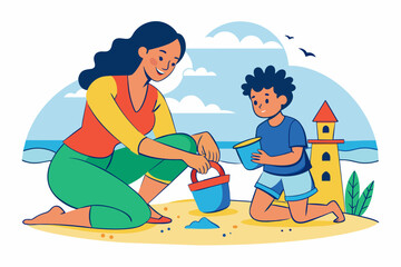 A mother helping her child build a sandcastle at the beach, illustrated in continuous line art vector illustration 