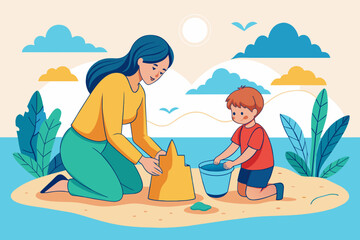 A mother helping her child build a sandcastle at the beach, illustrated in continuous line art vector illustration 