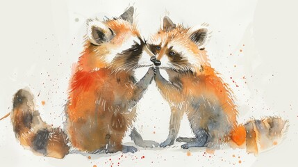 Romantic Watercolor Raccoons Cuddling With Love Generative AI