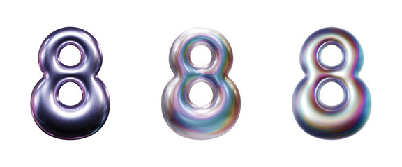 Number 8 in three-dimensional holographic iridescent chrome lettering isolated on transparent background. 3D rendering