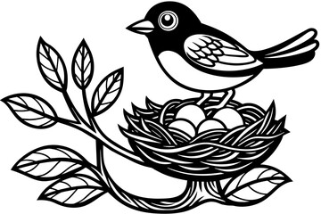 Black and white, coloring book page for kids, cute, black and white cartoon [Bird building a nest in a tree], white background