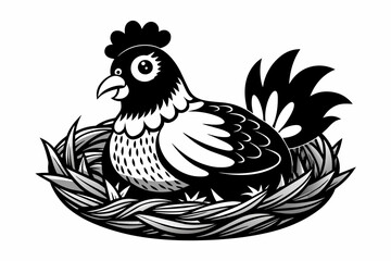 A chicken sitting on a nest Black and white