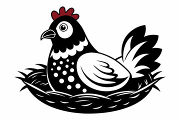 A chicken sitting on a nest Black and white
