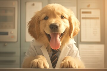 A happy golden retriever dog is being dripping by the female doctor in white coat at pet hospital