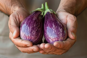 Close-up of hands holding two eggplants, symbolizing growing healthy, sustainably grown food,...