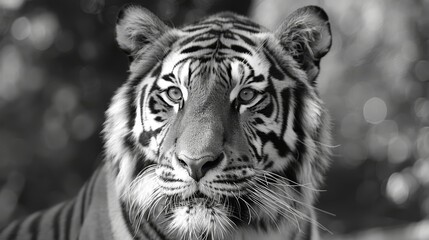   A crisp black-and-white image of a tiger's focused face, juxtaposed against a softly blurred backdrop of tree trunks and leaves - obrazy, fototapety, plakaty